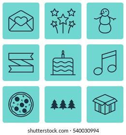 Set Of 9 Happy New Year Icons. Includes Holiday Ornament, Celebration Cake, Winter And Other Symbols. Beautiful Design Elements.