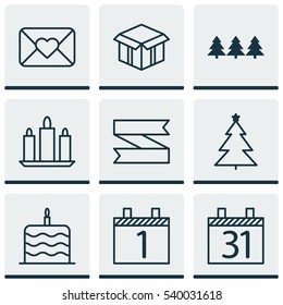 Set Of 9 Happy New Year Icons. Includes Decorated Tree, Holiday Ornament, Date And Other Symbols. Beautiful Design Elements.