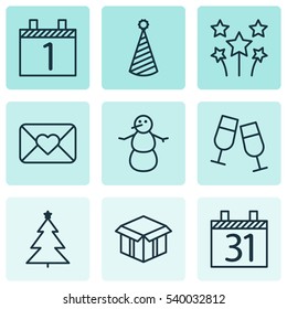 Set Of 9 Happy New Year Icons. Includes Celebration Letter, Festive Fireworks, Date And Other Symbols. Beautiful Design Elements.