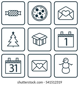 Set Of 9 Happy New Year Icons. Includes Open Cardboard, Greeting Email, Decorated Tree And Other Symbols. Beautiful Design Elements.