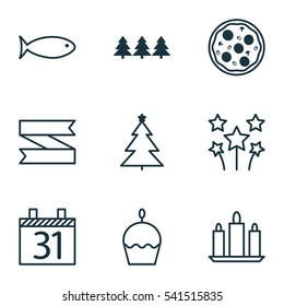 Set Of 9 Happy New Year Icons. Includes Date, Pizza Meal, Decorated Tree And Other Symbols. Beautiful Design Elements.