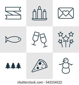 Set Of 9 Happy New Year Icons. Includes Holiday Ornament, Fishing, Blank Ribbon And Other Symbols. Beautiful Design Elements.