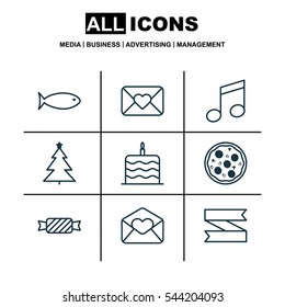 Set Of 9 Happy New Year Icons. Includes Pizza Meal, Celebration Cake, Decorated Tree And Other Symbols. Beautiful Design Elements.