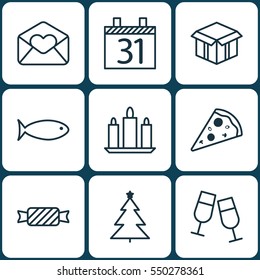 Set Of 9 Happy New Year Icons. Includes Champagne Glasses, Decorated Tree, Sweet And Other Symbols. Beautiful Design Elements.