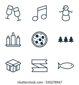 Set Of 9 Happy New Year Icons. Includes Holiday Ornament, Winter, Open Cardboard And Other Symbols. Beautiful Design Elements.