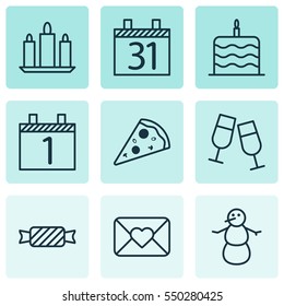Set Of 9 Happy New Year Icons. Includes Sweet, Celebration Cake, Wax And Other Symbols. Beautiful Design Elements.