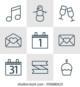 Set Of 9 Happy New Year Icons. Includes Agenda, Champagne Glasses, Date And Other Symbols. Beautiful Design Elements.