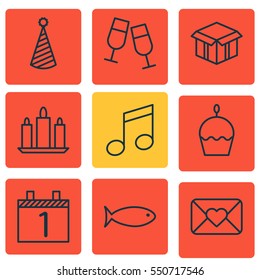 Set Of 9 Happy New Year Icons. Includes Fishing, Birthday Hat, Wax And Other Symbols. Beautiful Design Elements.