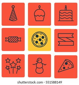 Set Of 9 Happy New Year Icons. Includes Celebration Cake, Festive Fireworks, Winter And Other Symbols. Beautiful Design Elements.