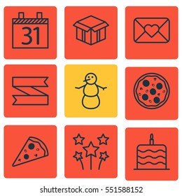 Set Of 9 Happy New Year Icons. Includes Celebration Cake, Blank Ribbon, Date And Other Symbols. Beautiful Design Elements.