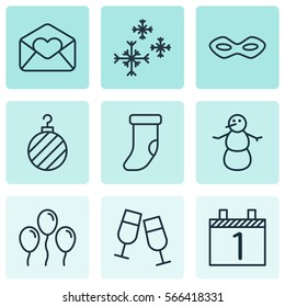 Set Of 9 Happy New Year Icons. Includes Winter, Air Ball, Champagne Glasses And Other Symbols. Beautiful Design Elements.