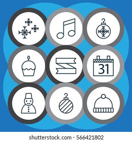 Set Of 9 Happy New Year Icons. Includes Tree Toy, Star Snow, Date And Other Symbols. Beautiful Design Elements.