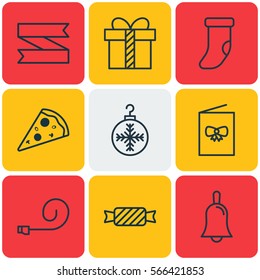 Set Of 9 Happy New Year Icons. Includes Blank Ribbon, Gift, Sliced Pizza And Other Symbols. Beautiful Design Elements.