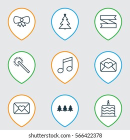 Set Of 9 Happy New Year Icons. Includes Crotchets, Holiday Ornament, Decorated Tree And Other Symbols. Beautiful Design Elements.