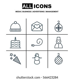 Set Of 9 Happy New Year Icons. Includes Tree Toy, Celebration Cake, Knitted Cap And Other Symbols. Beautiful Design Elements.