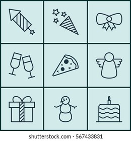 Set Of 9 Happy New Year Icons. Includes Winter, Celebration Cake, Firecracker And Other Symbols. Beautiful Design Elements.