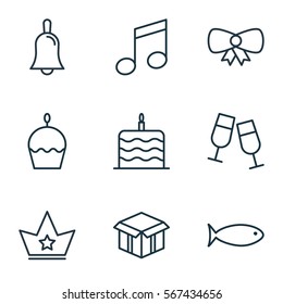 Set Of 9 Happy New Year Icons. Includes Crotchets, Celebration Cake, Butterfly Knot And Other Symbols. Beautiful Design Elements.