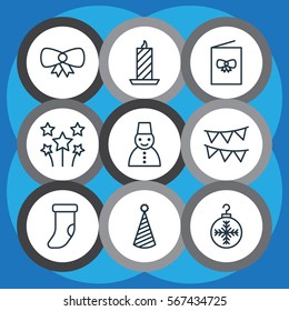Set Of 9 Happy New Year Icons. Includes Festive Fireworks, Tree Toy, Snow Person And Other Symbols. Beautiful Design Elements.
