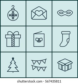 Set Of 9 Happy New Year Icons. Includes Greeting Email, Celebration Card, Decorated Tree And Other Symbols. Beautiful Design Elements.