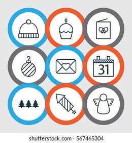 Set Of 9 Happy New Year Icons. Includes Holiday Ornament, Knitted Cap, Celebration Letter And Other Symbols. Beautiful Design Elements.