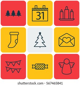 Set Of 9 Happy New Year Icons. Includes Sweet, Decorative Flags, Archangel And Other Symbols. Beautiful Design Elements.