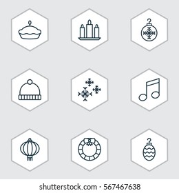 Set Of 9 Happy New Year Icons. Includes Tree Toy, Garland , Knitted Cap Symbols. Beautiful Design Elements.