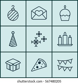 Set Of 9 Happy New Year Icons. Includes Birthday Hat, Star Snow, Open Cardboard And Other Symbols. Beautiful Design Elements.