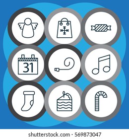 Set Of 9 Happy New Year Icons. Includes Fireplace Decoration, Trading, Archangel And Other Symbols. Beautiful Design Elements.