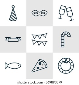 Set Of 9 Happy New Year Icons. Includes Birthday Hat, Sliced Pizza, Garland Symbols. Beautiful Design Elements.