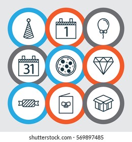 Set Of 9 Happy New Year Icons. Includes Balloon, Open Cardboard, Celebration Card And Other Symbols. Beautiful Design Elements.