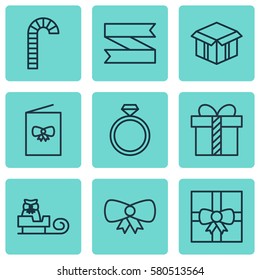 Set Of 9 Happy New Year Icons. Includes Butterfly Knot, Sleigh, Wedding Jewel And Other Symbols. Beautiful Design Elements.