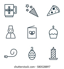 Set Of 9 Happy New Year Icons. Includes Celebrate Whistle, Sliced Pizza, Celebration Card And Other Symbols. Beautiful Design Elements.