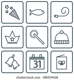 Set Of 9 Happy New Year Icons. Includes Ringer, Date, Fishing And Other Symbols. Beautiful Design Elements.
