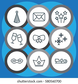 Set Of 9 Happy New Year Icons. Includes Star Snow, Birthday Hat, Butterfly Knot And Other Symbols. Beautiful Design Elements.