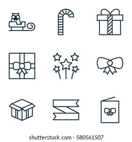 Set Of 9 Happy New Year Icons. Includes Gift, Sleigh, Celebration Card And Other Symbols. Beautiful Design Elements.