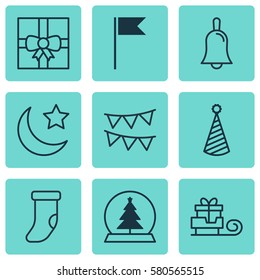 Set Of 9 Happy New Year Icons. Includes Decorative Flags, Gift Surprise, Birthday Hat And Other Symbols. Beautiful Design Elements.