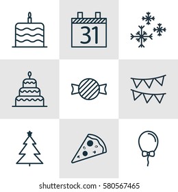 Set Of 9 Happy New Year Icons. Includes Star Snow, Balloon, Decorative Flags And Other Symbols. Beautiful Design Elements.