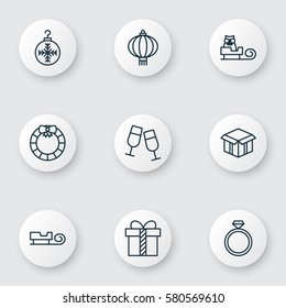 Set Of 9 Happy New Year Icons. Includes Wedding Jewel, Champagne Glasses, Sled And Other Symbols. Beautiful Design Elements.