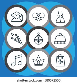 Set Of 9 Happy New Year Icons. Includes Snow Person, Firecracker, Trading And Other Symbols. Beautiful Design Elements.