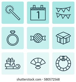 Set Of 9 Happy New Year Icons. Includes Toffee Candy, Japan Souvenir, Decorative Flags Symbols. Beautiful Design Elements.