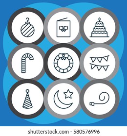 Set Of 9 Happy New Year Icons. Includes Dessert, Celebrate Whistle, Birthday Hat And Other Symbols. Beautiful Design Elements.