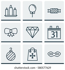 Set Of 9 Happy New Year Icons. Includes Carnival Face, Wax, Sweet And Other Symbols. Beautiful Design Elements.