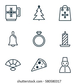 Set Of 9 Happy New Year Icons. Includes Handbell, Decorated Tree, Winter Cup Symbols. Beautiful Design Elements.