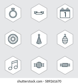 Set Of 9 Happy New Year Icons. Includes Agenda, Placard, Toffee Candy Symbols. Beautiful Design Elements.