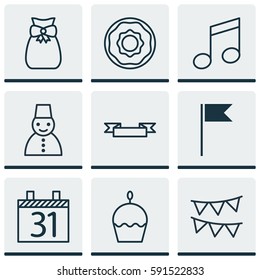 Set Of 9 Happy New Year Icons. Includes Present Pouch, Snow Person, Crotchets And Other Symbols. Beautiful Design Elements.