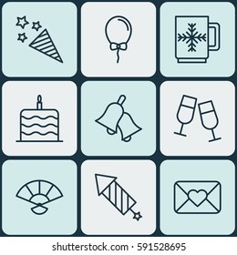 Set Of 9 Happy New Year Icons. Includes Celebration Letter, Japan Souvenir, Balloon And Other Symbols. Beautiful Design Elements.