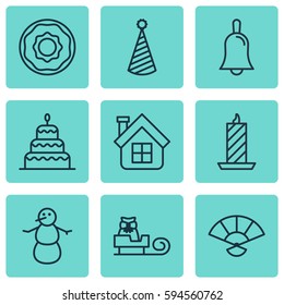 Set Of 9 Happy New Year Icons. Includes Dessert, Winter, Japan Souvenir And Other Symbols. Beautiful Design Elements.