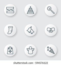Set Of 9 Happy New Year Icons. Includes Sparkles, Dessert, Butterfly Knot And Other Symbols. Beautiful Design Elements.