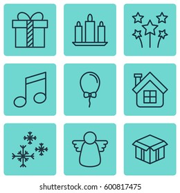 Set Of 9 Happy New Year Icons. Includes Balloon, Crotchets, Open Cardboard And Other Symbols. Beautiful Design Elements.