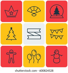 Set Of 9 Happy New Year Icons. Includes Winter, Decorative Flags, Magic Sphere And Other Symbols. Beautiful Design Elements.